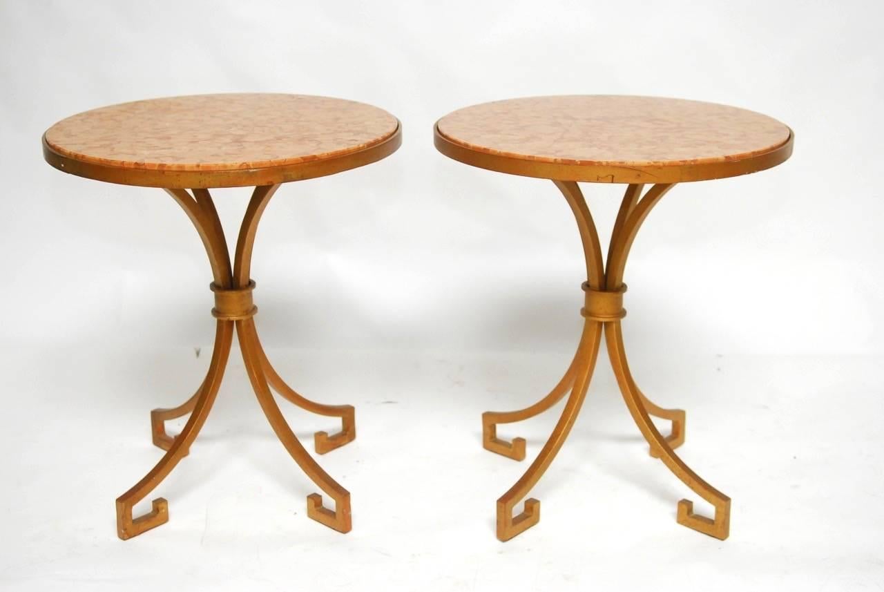 Neoclassical Pair of Italian Iron and Marble Gilt Gueridon Side Tables