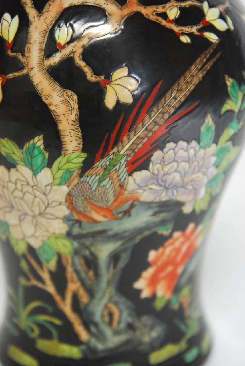 Hand-Painted Pair of Chinese Famille Noir Black Ginger Jars