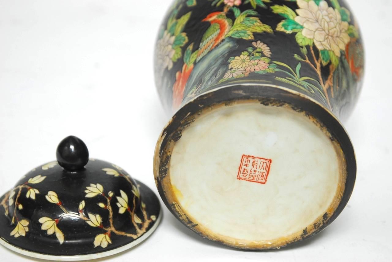 Porcelain Pair of Chinese Famille Noir Black Ginger Jars