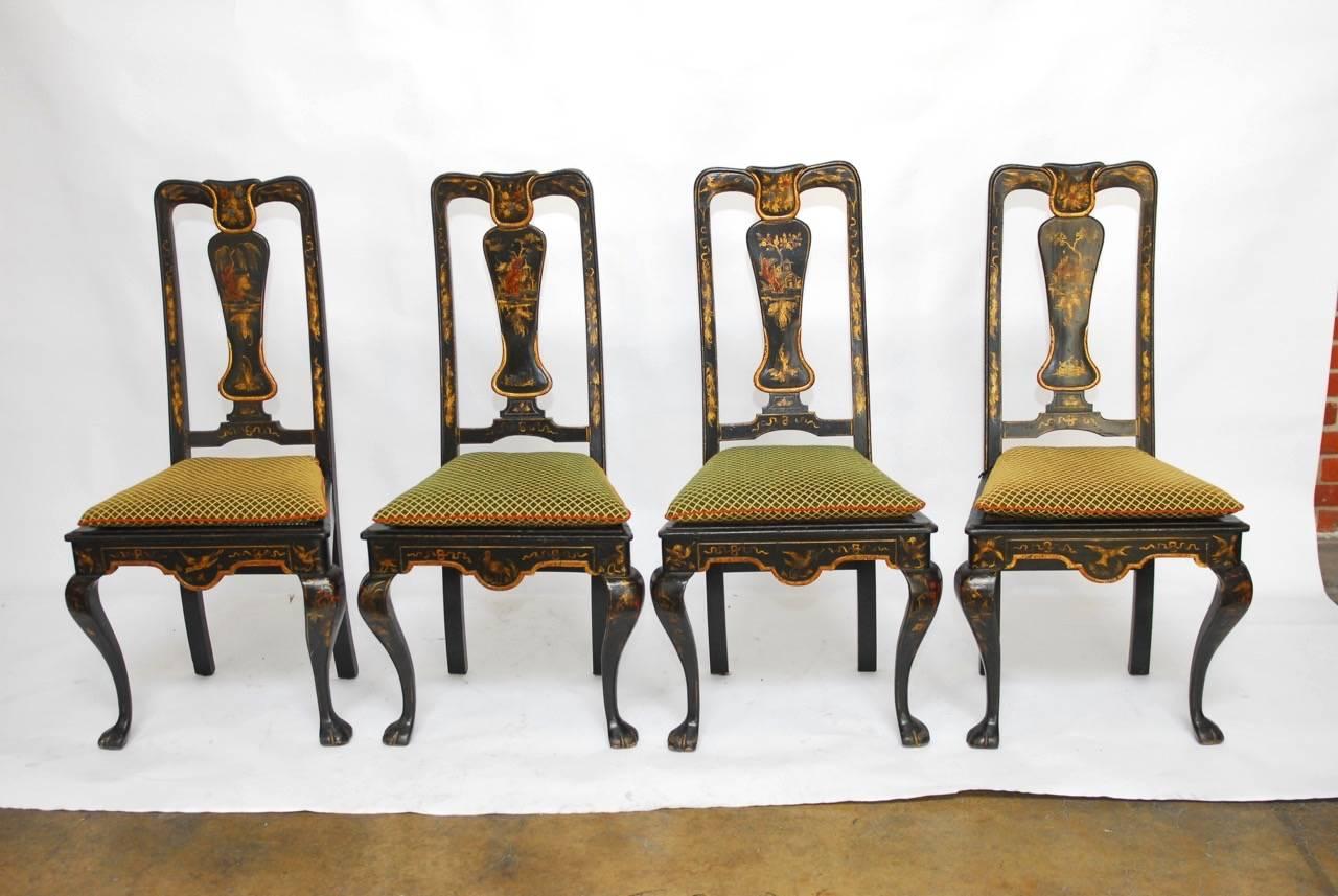 Set of Four Queen Anne Style Chinoiserie Painted Dining Chairs 2