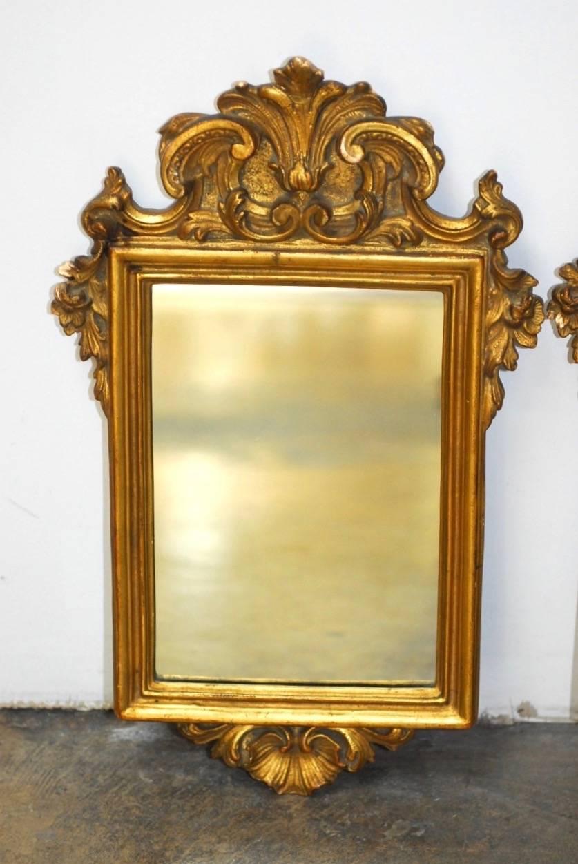 Hand-Crafted Pair of Italian Rococo Giltwood and Gesso Mirrors