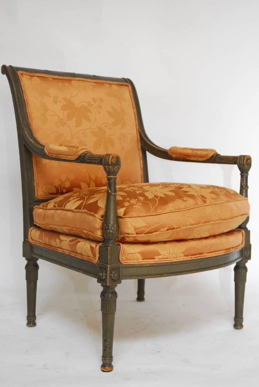 French Pair of Louis XVI Painted Directoire Style Fauteuil Armchairs