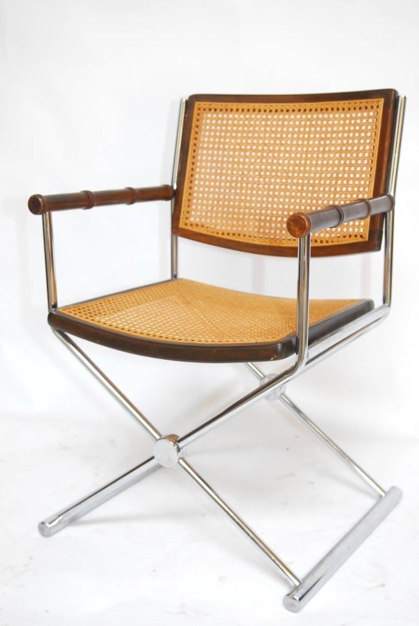 Hollywood Regency Pair of Mid-Century Chrome and Caned Director Chairs