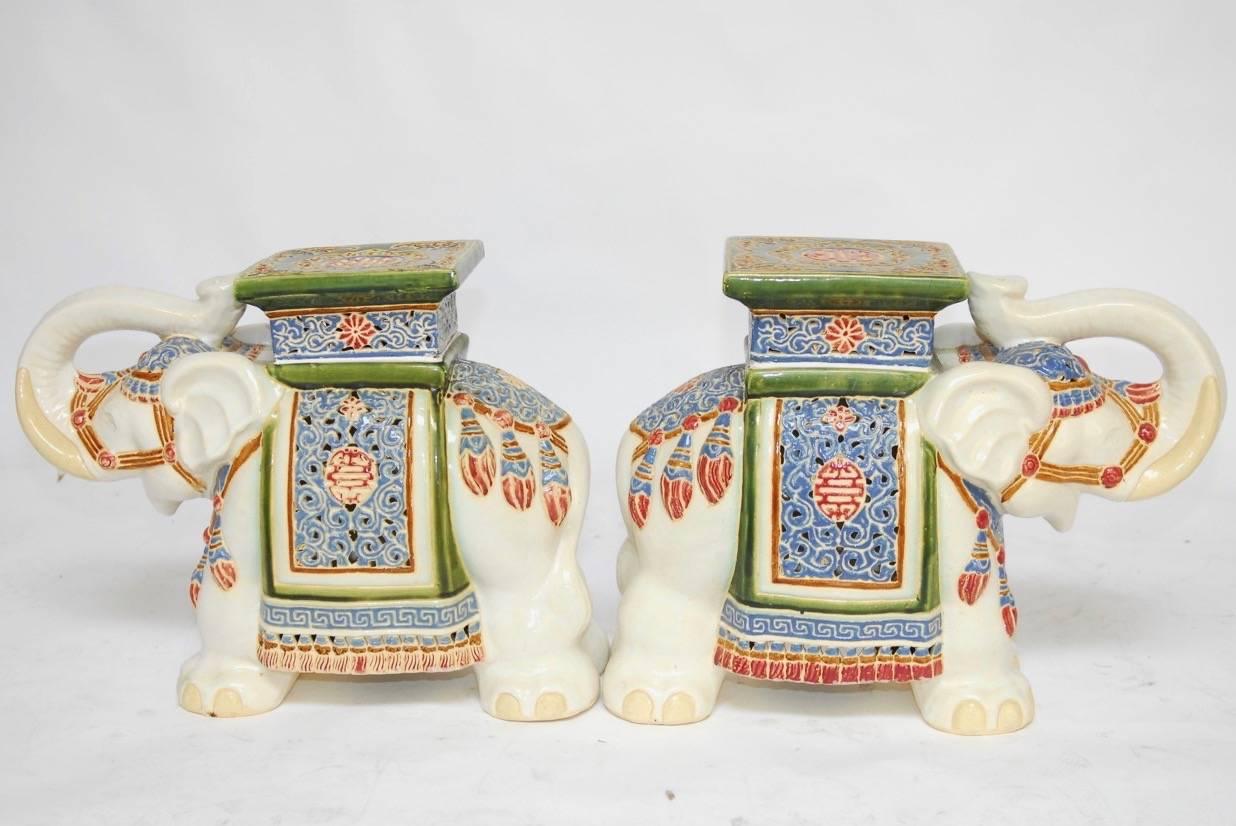 Pair of Chinese Ceramic Elephant Garden Stools or Drink Tables 1