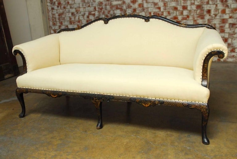 19th Century Chinese Chippendale Black Lacquer Chinoiserie Sofa
