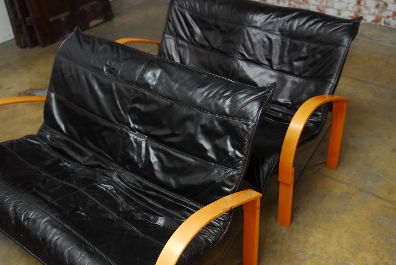 Pair of Mid-Century Scandinavian Bentwood and Leather Sofas In Good Condition In Rio Vista, CA