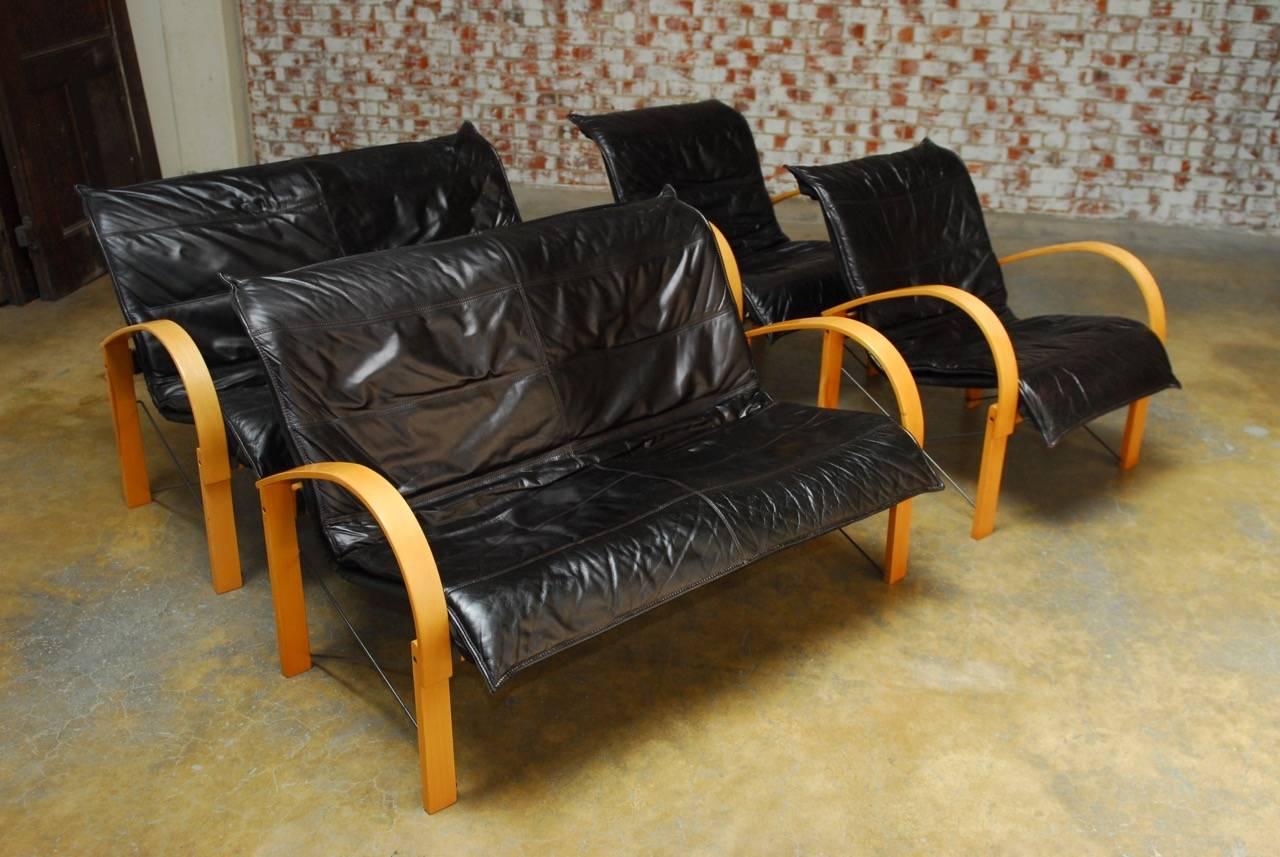 Pair of Mid-Century Scandinavian Bentwood and Leather Sofas 3