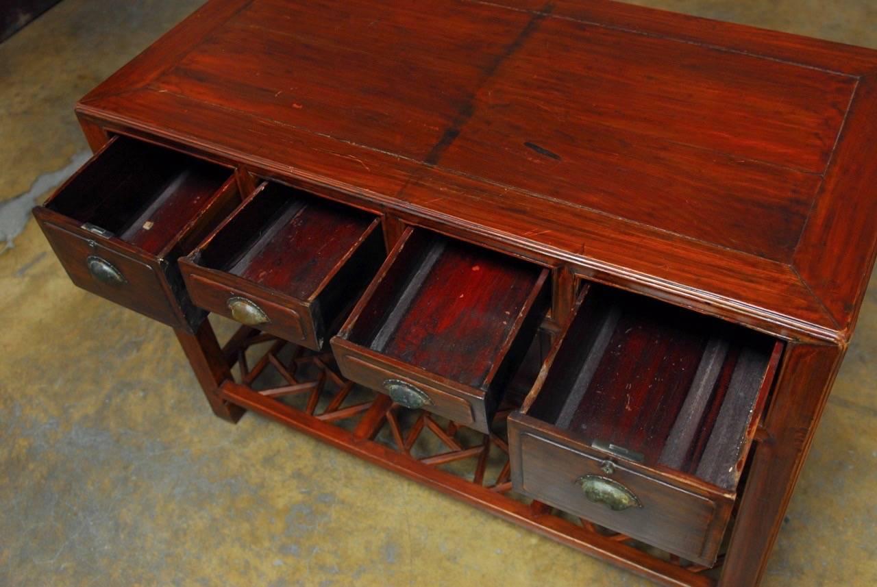 Hand-Crafted Chinese Red Lacquered Four-Drawer Desk with Footrest