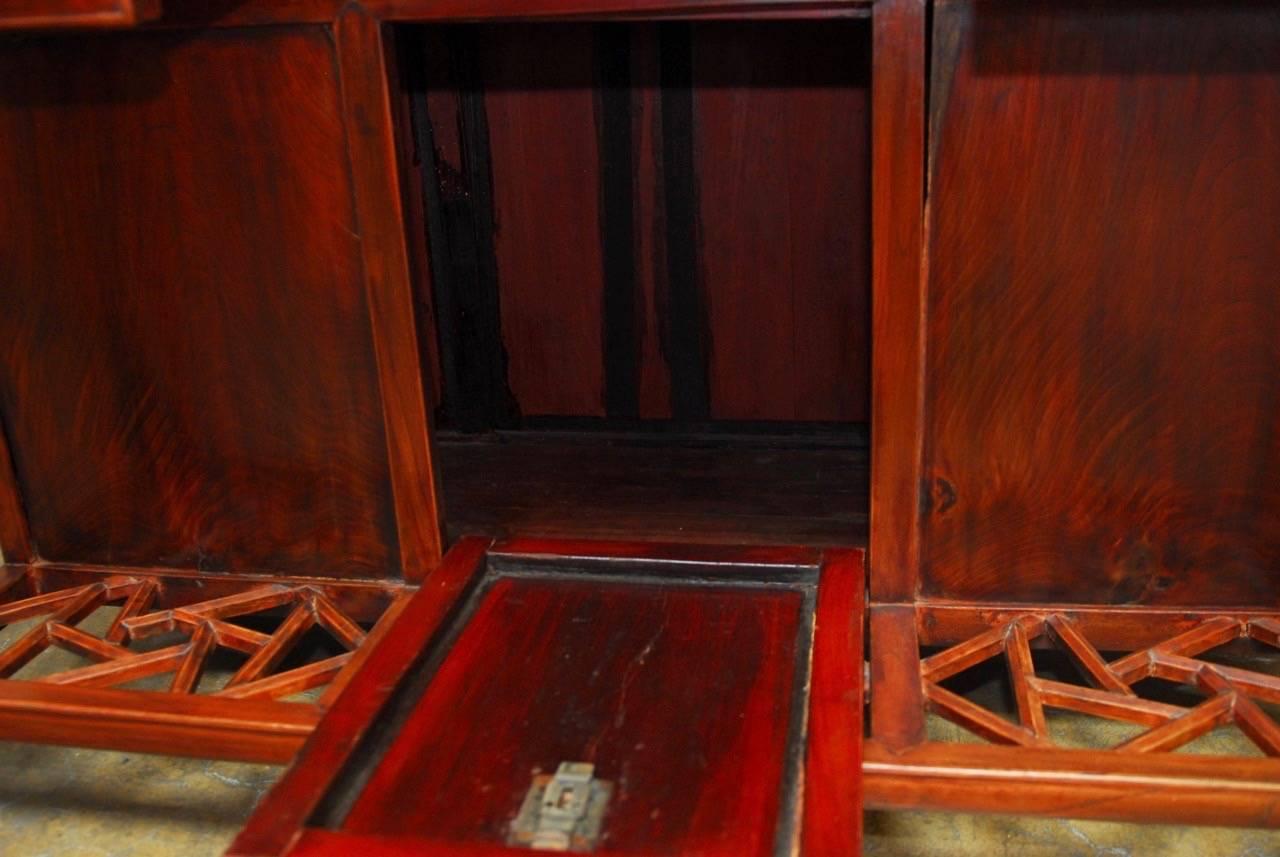 Chinese Red Lacquered Four-Drawer Desk with Footrest In Distressed Condition In Rio Vista, CA