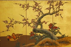 Japanese Four Panel Screen of Ducks and Prunus on Gold Leaf