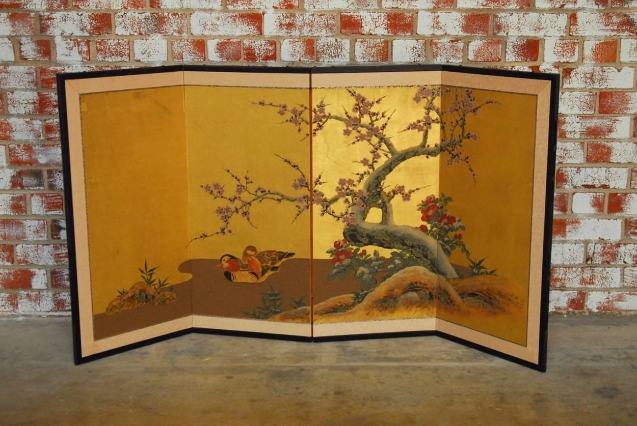 Japanese Four Panel Screen of Ducks and Prunus on Gold Leaf In Excellent Condition In Rio Vista, CA