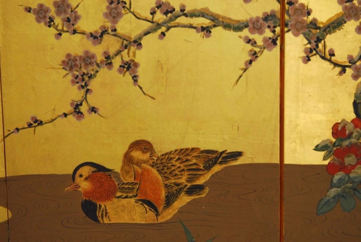 20th Century Japanese Four Panel Screen of Ducks and Prunus on Gold Leaf