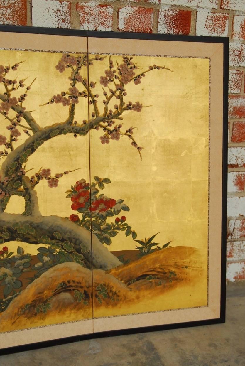 Silk Japanese Four Panel Screen of Ducks and Prunus on Gold Leaf