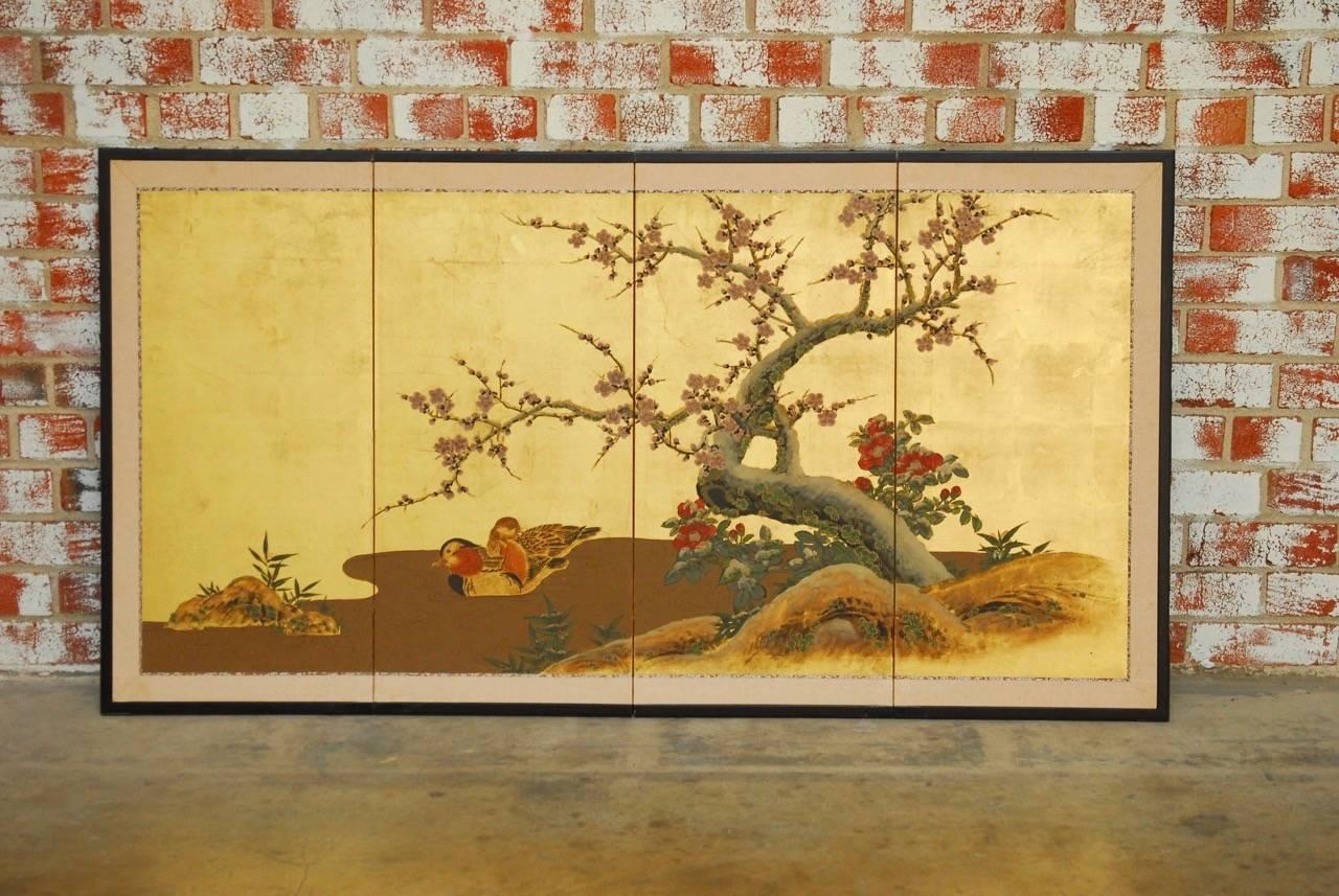 Japanese Four Panel Screen of Ducks and Prunus on Gold Leaf 4