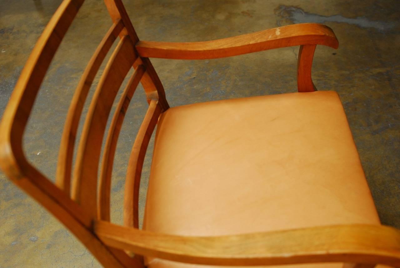 Hand-Crafted Pair of Mid-Century Mahogany and Leather Library Chairs