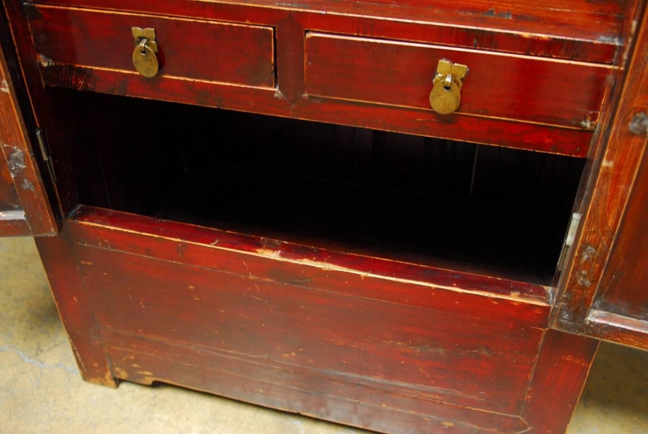 Chinese Red Lacquer Cabinet with Display Shelf In Distressed Condition For Sale In Rio Vista, CA