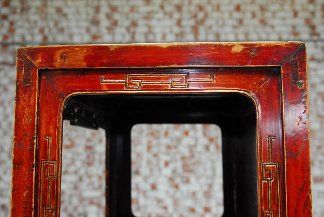 Wood Chinese Red Lacquer Cabinet with Display Shelf For Sale
