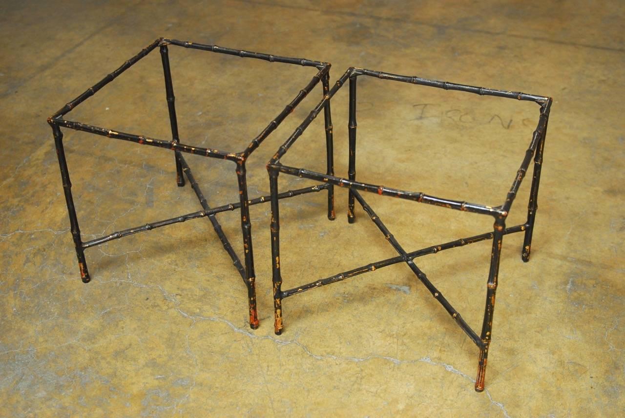 Hollywood Regency Pair of Black Lacquered Faux Bamboo Gilt Drink Tables