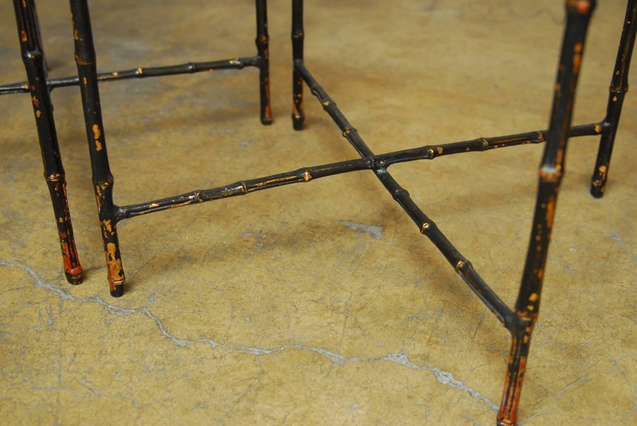 Italian Pair of Black Lacquered Faux Bamboo Gilt Drink Tables