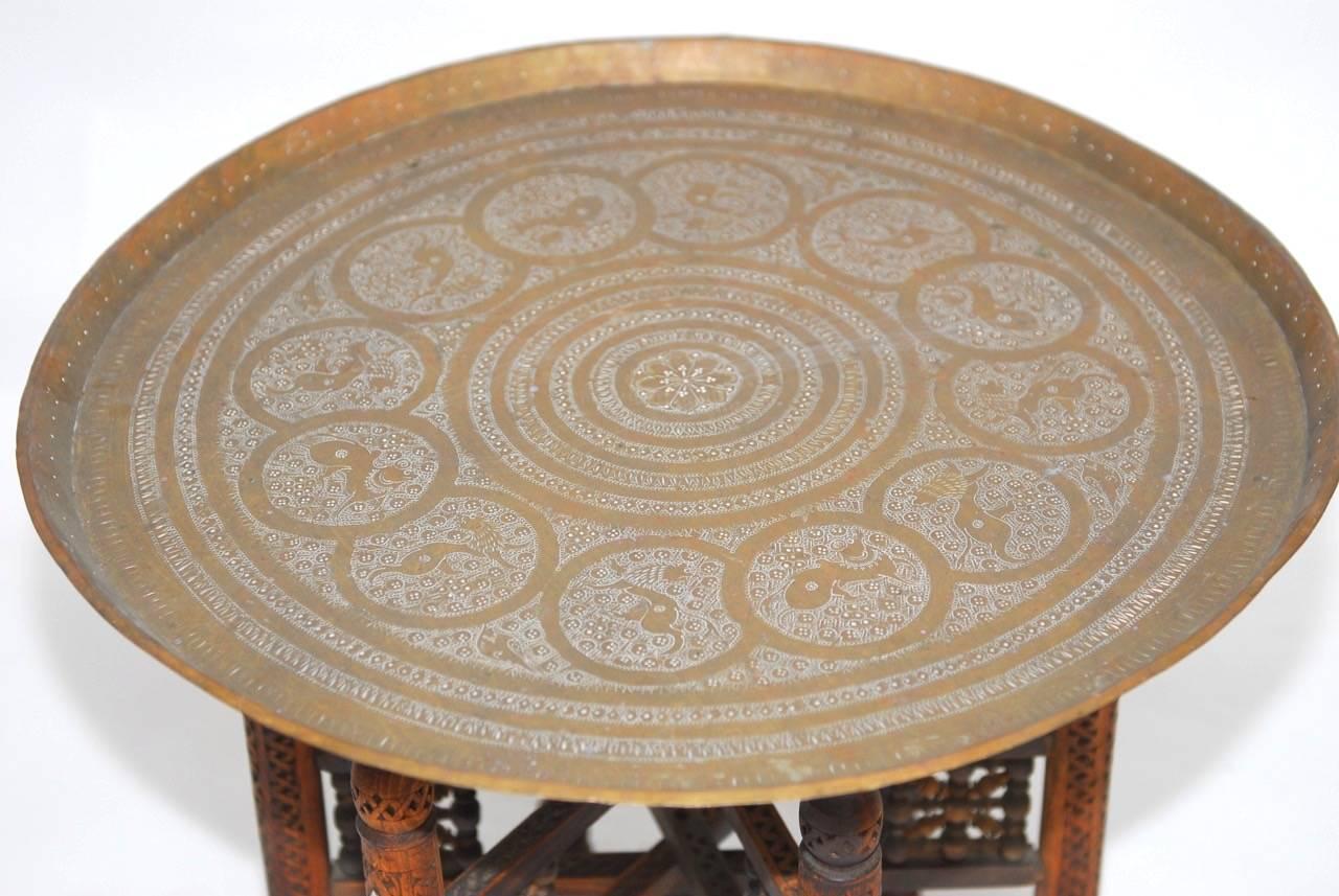 Etched Pair of Moroccan Brass Tray and Wood Drink Tables