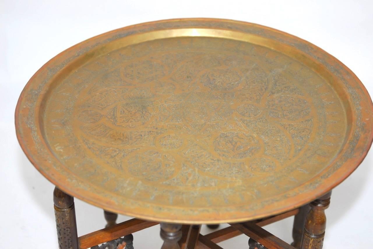 Pair of Moroccan Brass Tray and Wood Drink Tables In Good Condition In Rio Vista, CA