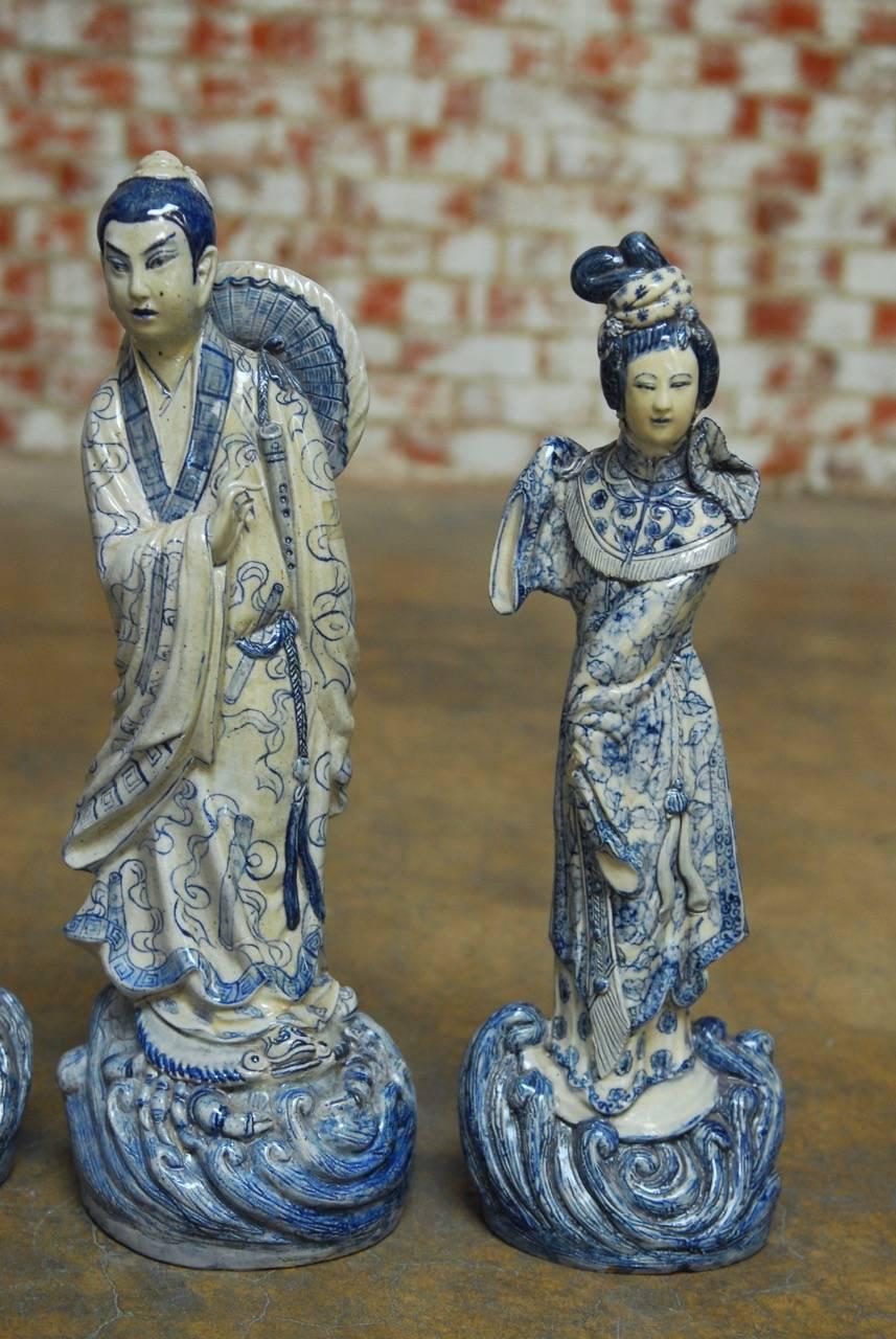 Qing Set of Eight Chinese Blue and White Porcelain Immortal Figures