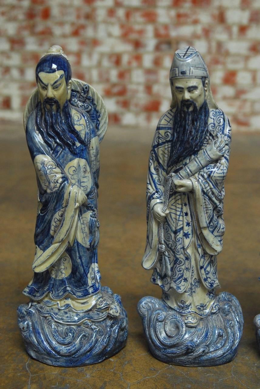 Hand-Crafted Set of Eight Chinese Blue and White Porcelain Immortal Figures