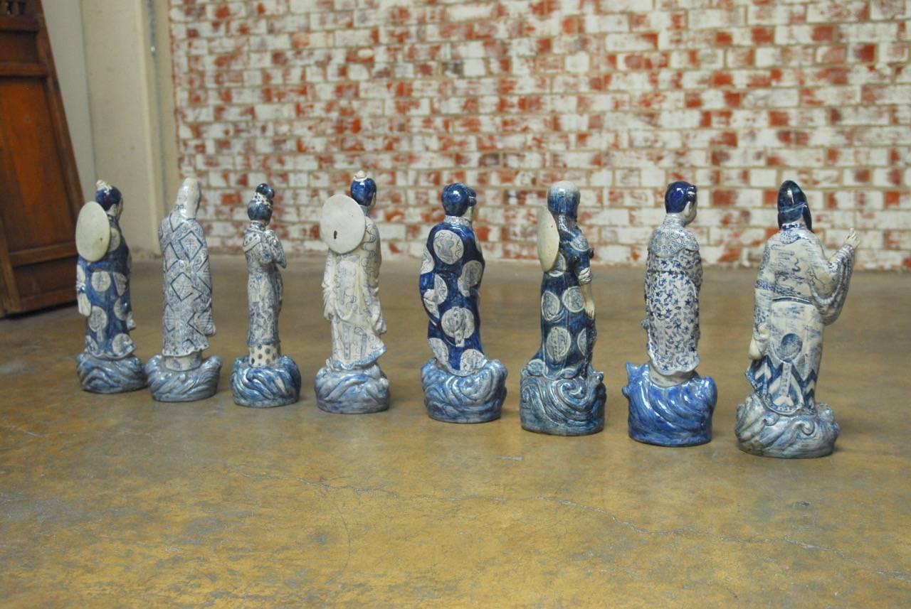 Ceramic Set of Eight Chinese Blue and White Porcelain Immortal Figures
