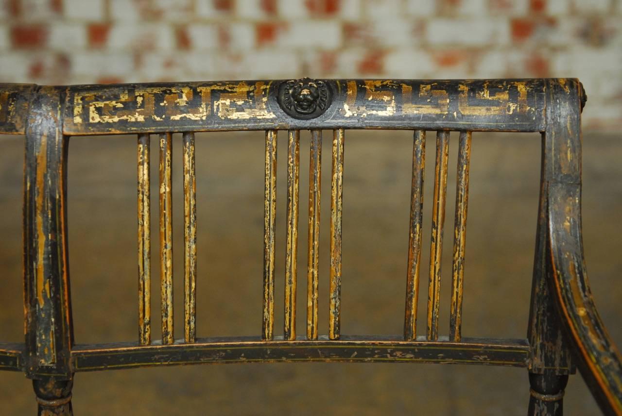 19th Century English Regency Painted and Parcel-Gilt Bench Settee In Distressed Condition In Rio Vista, CA