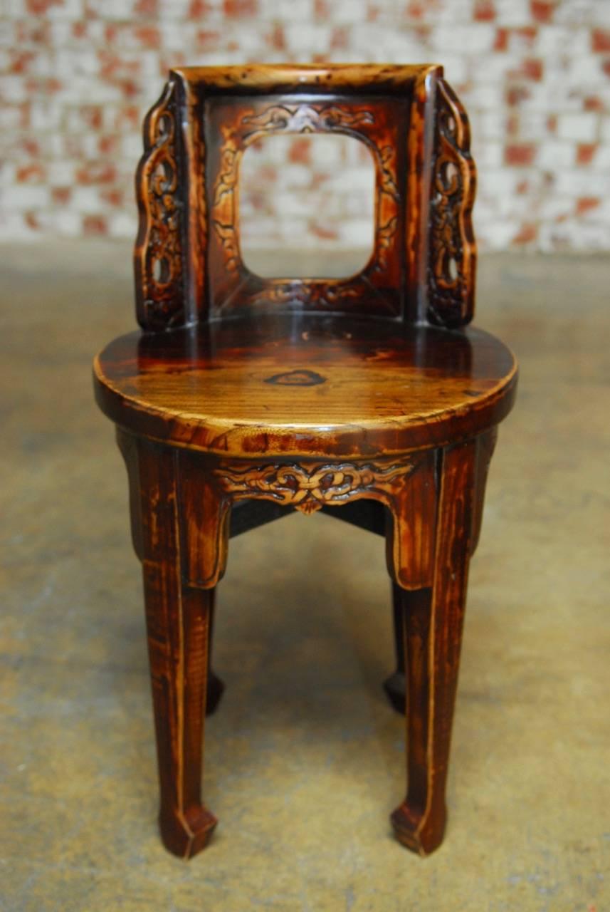Hand-Carved Pair of Chinese Carved Round Backed Stools
