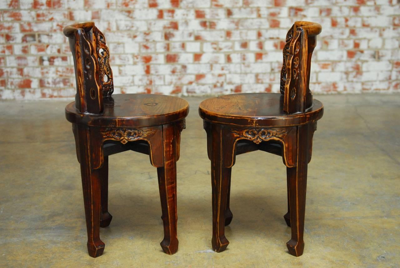 Pair of Chinese Carved Round Backed Stools In Distressed Condition In Rio Vista, CA