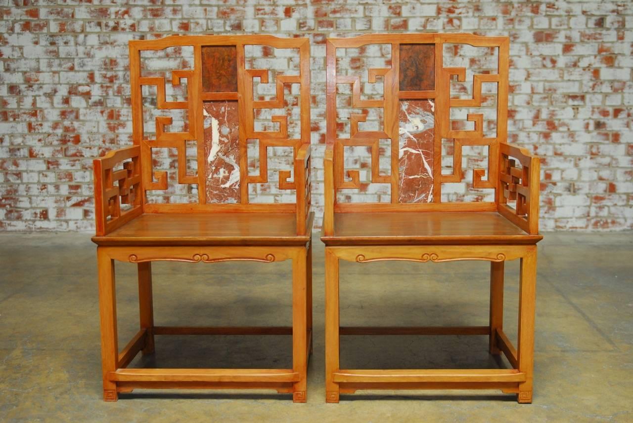 Hand-Carved Pair of Chinese Ming Style Armchairs with Dali Marble Inset For Sale
