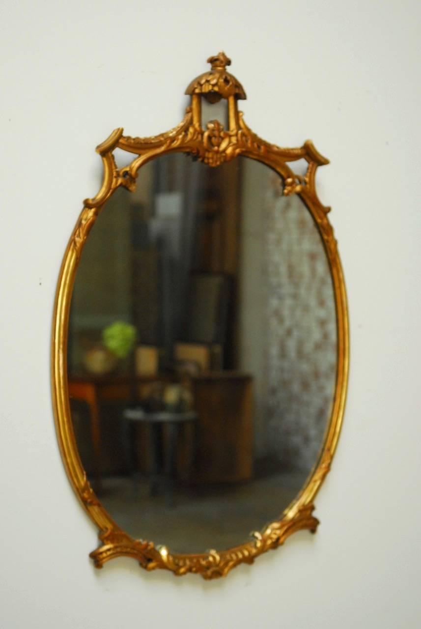 Hand-Carved Italian Carved Giltwood Oval Pagoda Mirror