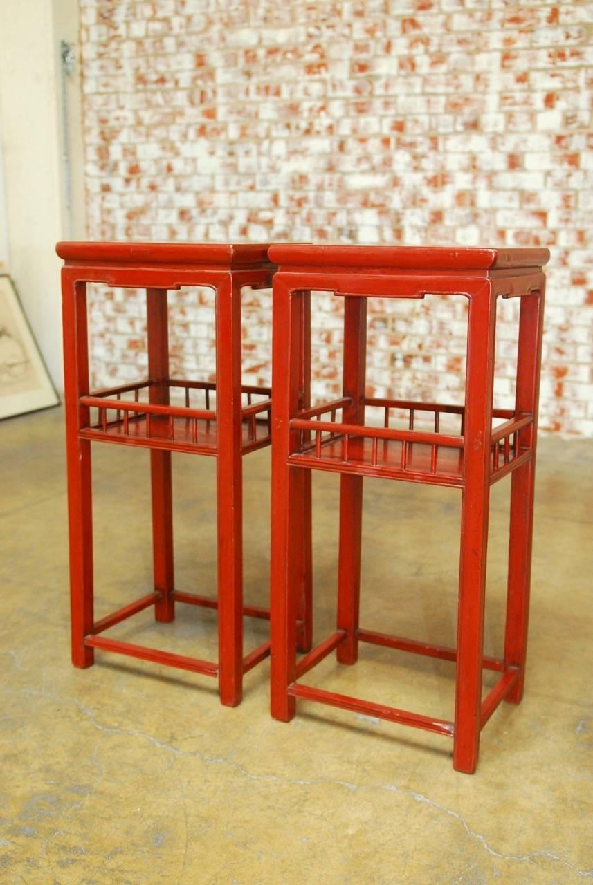 Chinese Export Chinese Carved Red Lacquer Pedestal Tables
