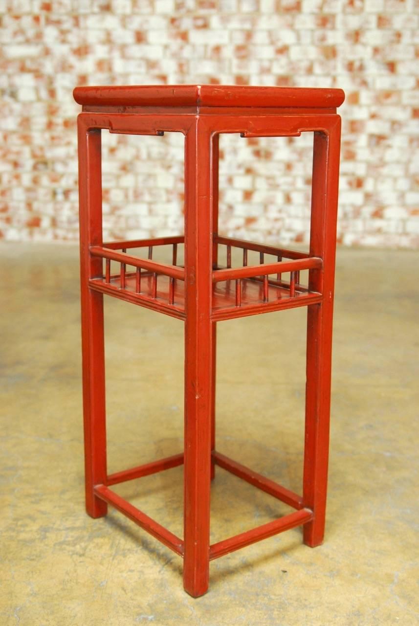 Chinese Carved Red Lacquer Pedestal Tables In Excellent Condition In Rio Vista, CA