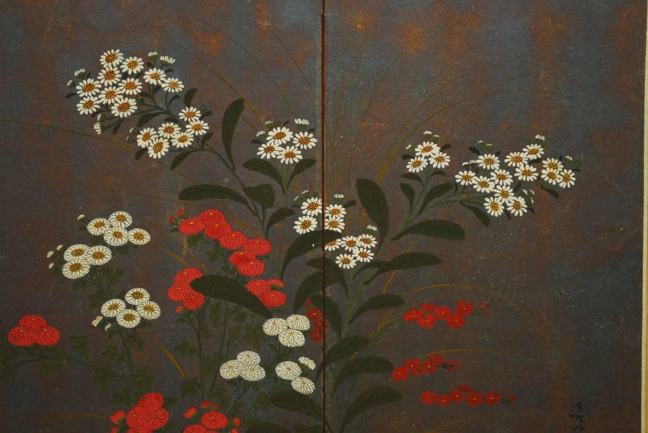 Ebonized Japanese Four Panel Byobu Screen of Flowers