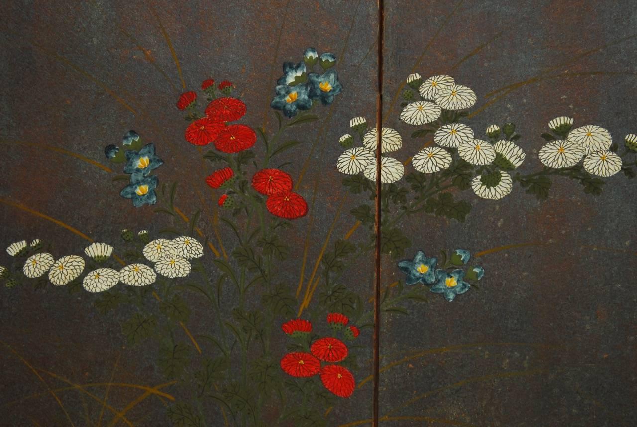 Silk Japanese Four Panel Byobu Screen of Flowers