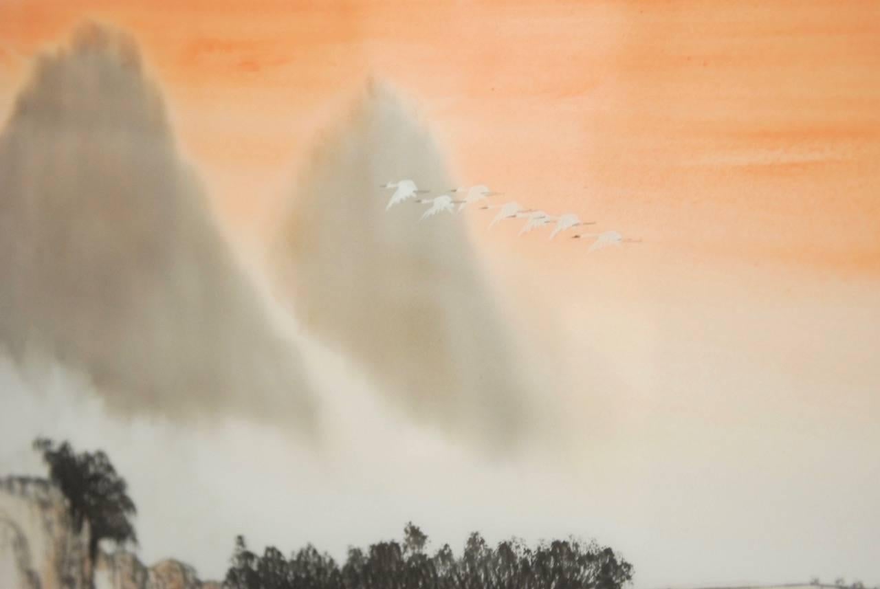 Two Cranes Original Watercolor on Silk by Poon Tai To In Excellent Condition In Rio Vista, CA