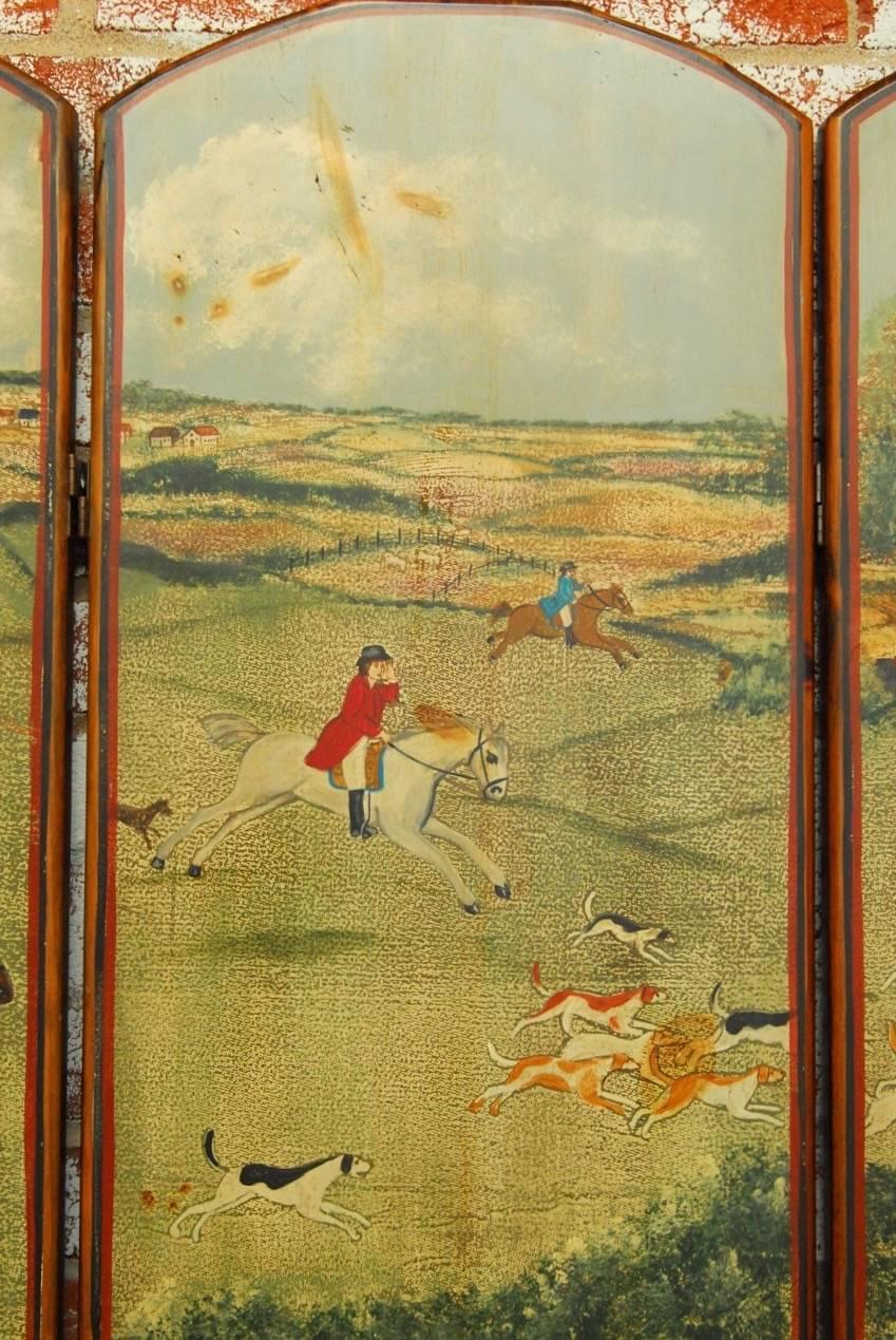 English Hand-Painted Fox Hunt Wooden Dressing Screen 1