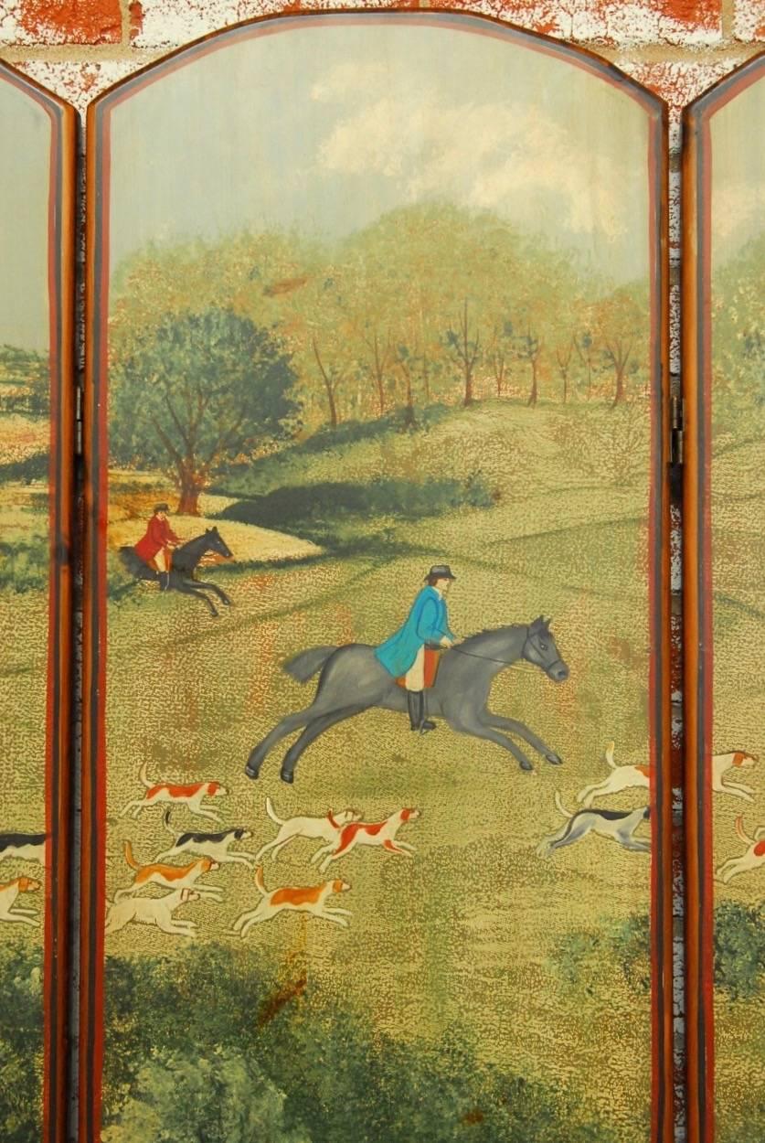 English Hand-Painted Fox Hunt Wooden Dressing Screen 3
