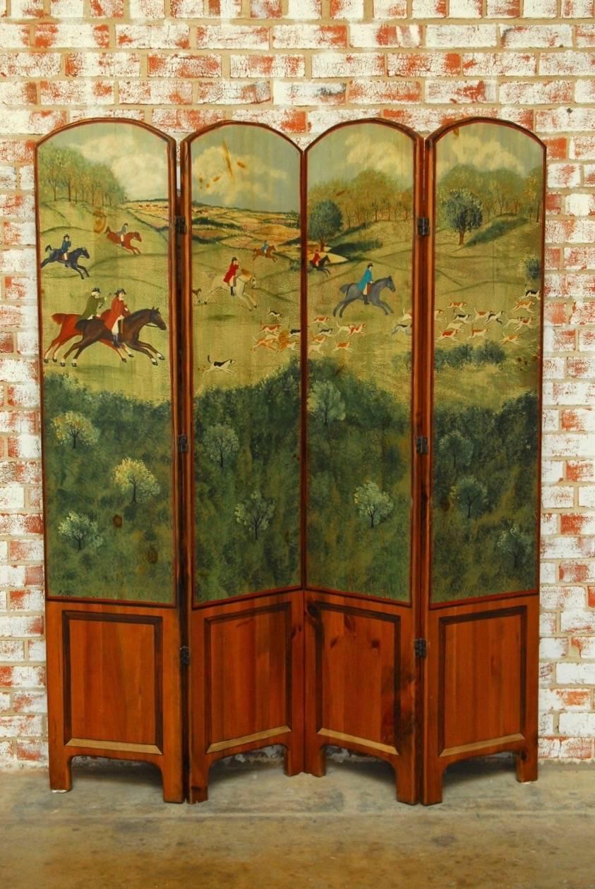 20th Century English Hand-Painted Fox Hunt Wooden Dressing Screen