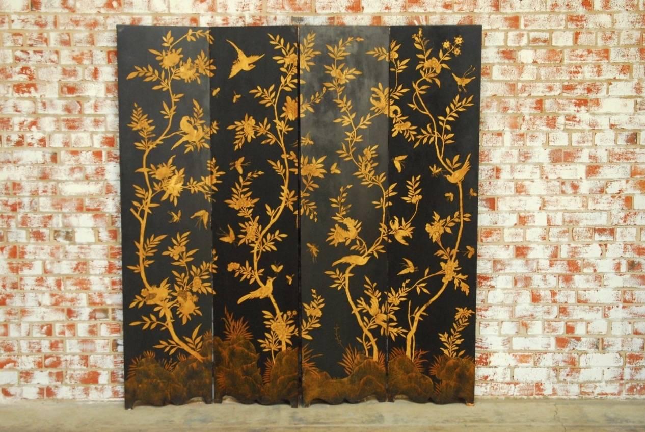 Chinese Black Lacquer Flora and Fauna Decorated Four-Panel Screen 1