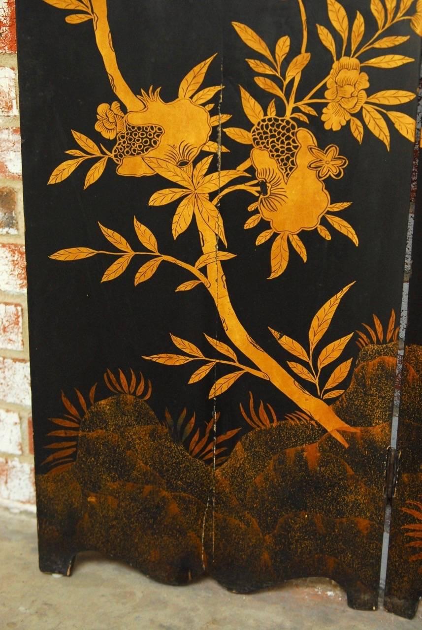 Chinese Export Chinese Black Lacquer Flora and Fauna Decorated Four-Panel Screen