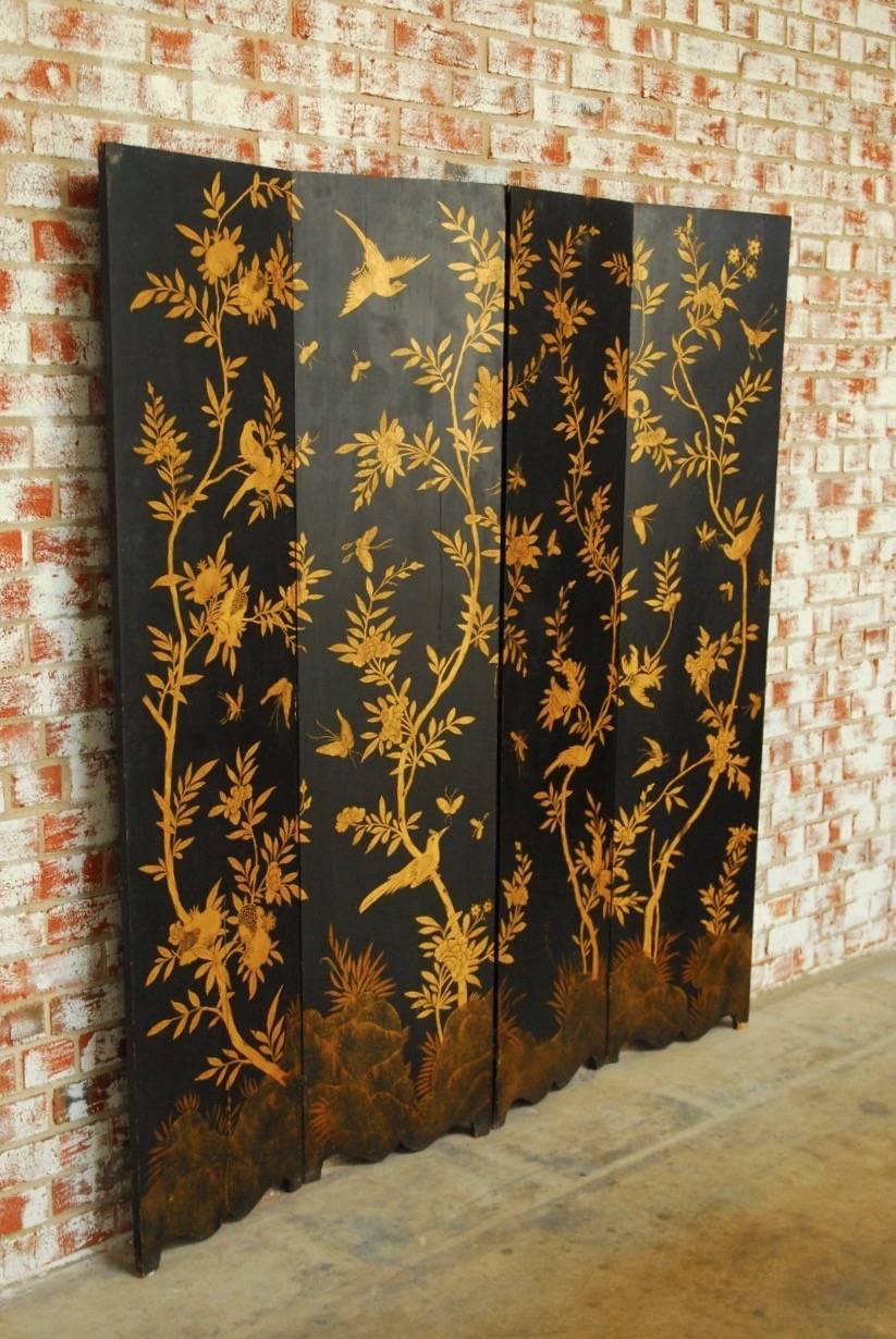 Chinese Black Lacquer Flora and Fauna Decorated Four-Panel Screen In Distressed Condition In Rio Vista, CA