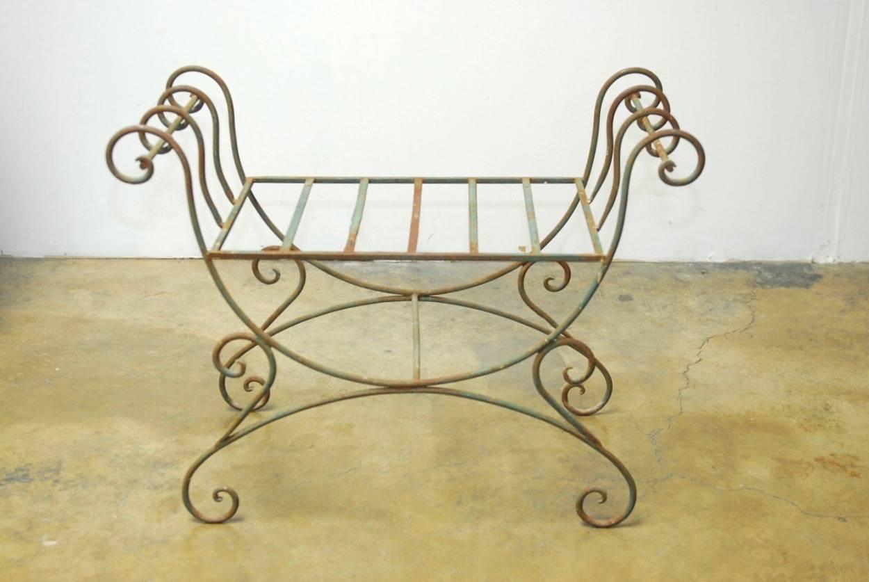 Neoclassical Pair of Hollywood Regency Wrought Iron Curule Benches