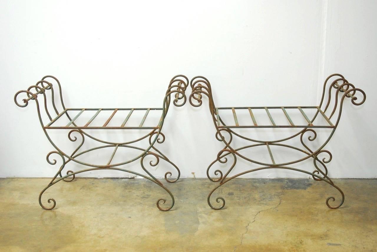 Italian Pair of Hollywood Regency Wrought Iron Curule Benches
