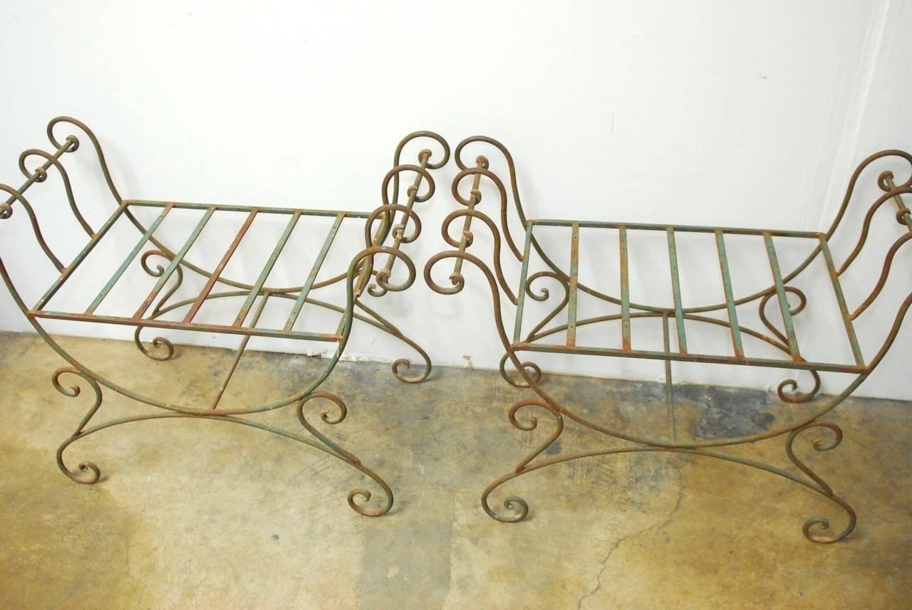 Hand-Crafted Pair of Hollywood Regency Wrought Iron Curule Benches