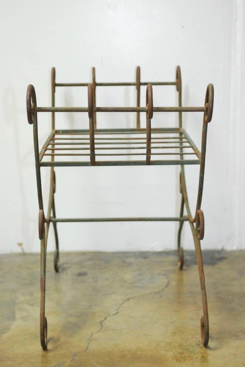 20th Century Pair of Hollywood Regency Wrought Iron Curule Benches