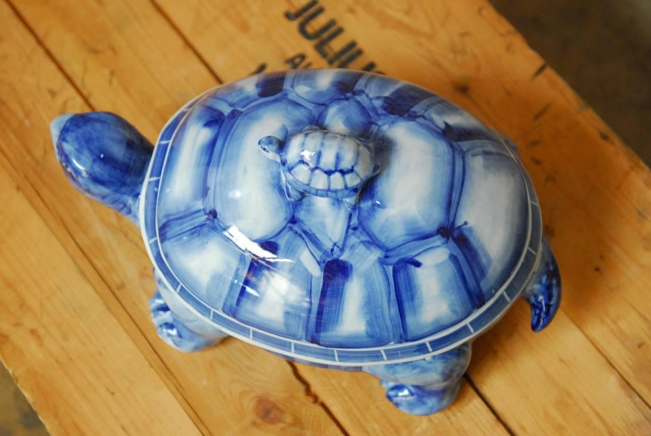 Mid-Century Modern Blue and White Porcelain Turtle Trinket Box