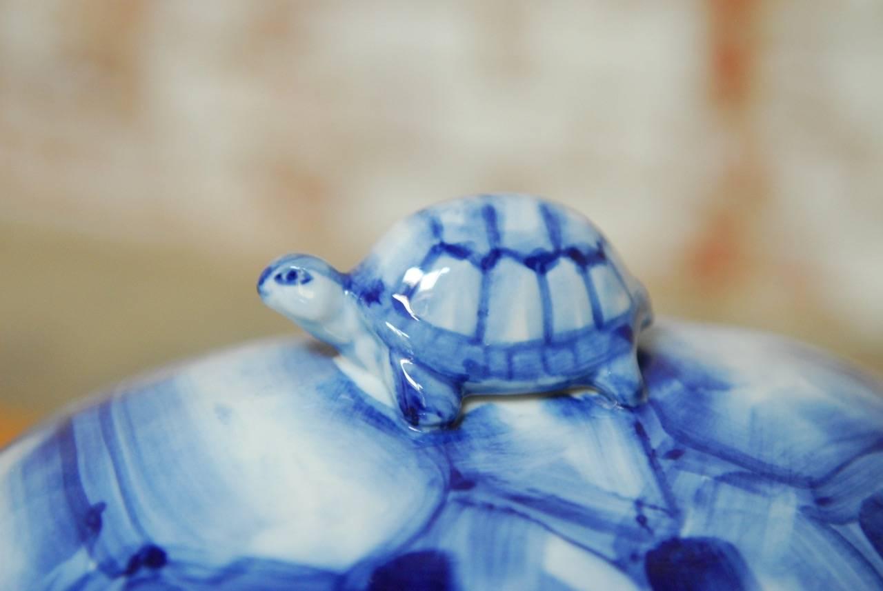 Hand-Painted Blue and White Porcelain Turtle Trinket Box